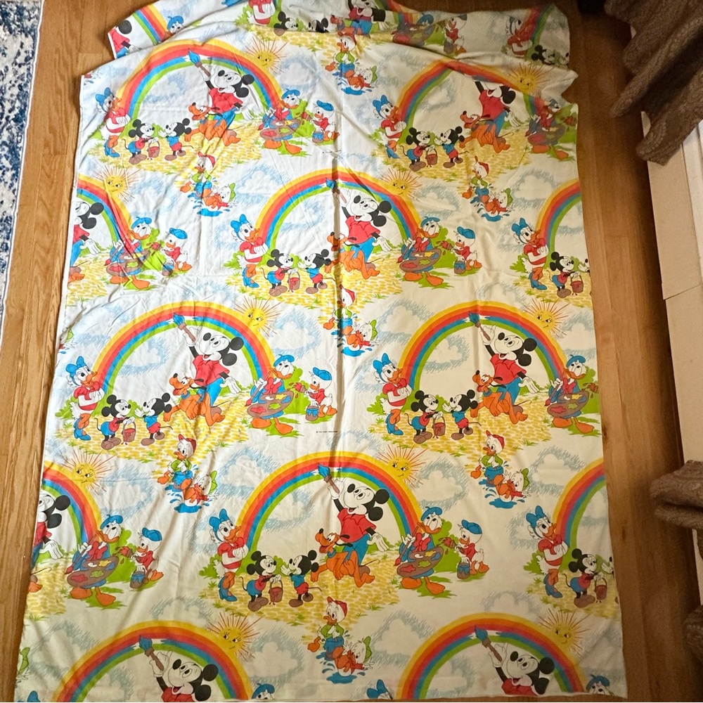 Vintage 80s Disney Mickey Mouse & Friends Painting Rainbow TWIN DUVET COVER Rare - Picture 3 of 5
